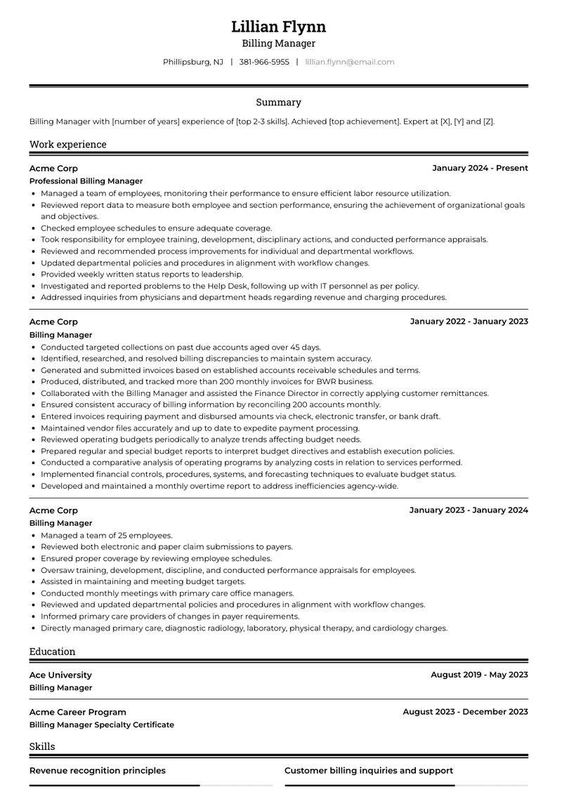 Billing Manager Resume Sample and Template