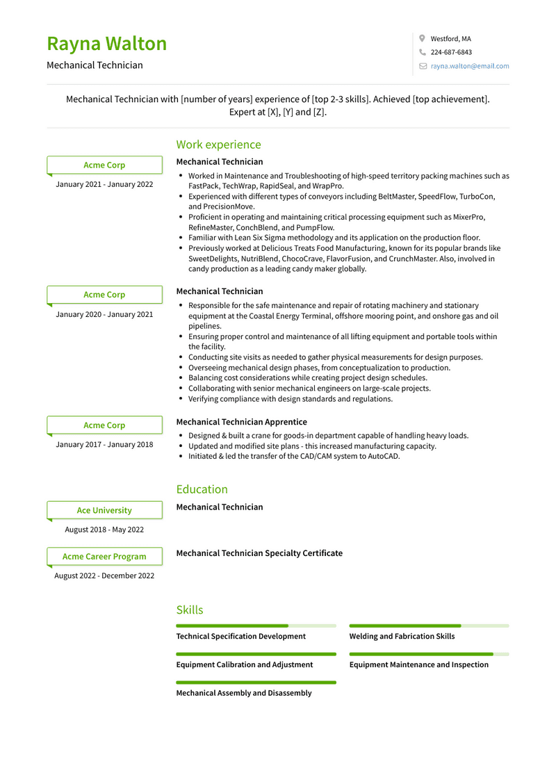 Mechanical Technician Resume Sample and Template