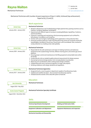 Mechanical Technician Resume Sample and Template