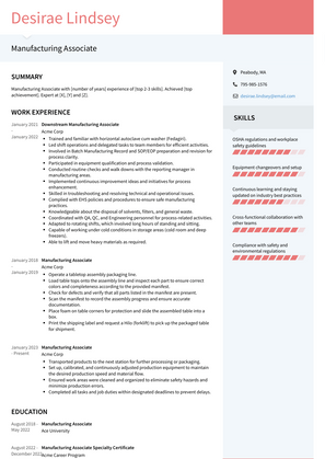 Manufacturing Associate Resume Sample and Template