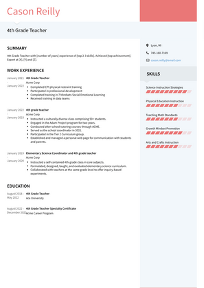4th Grade Teacher Resume Sample and Template