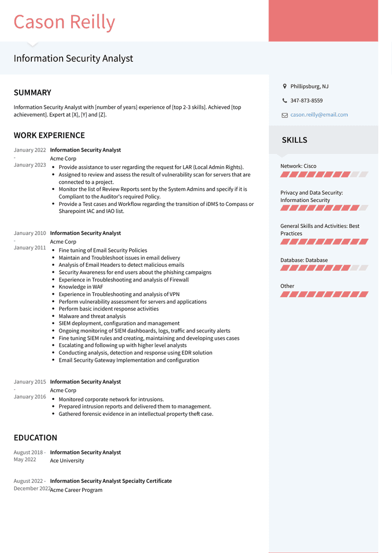 Information Security Analyst Resume Sample and Template
