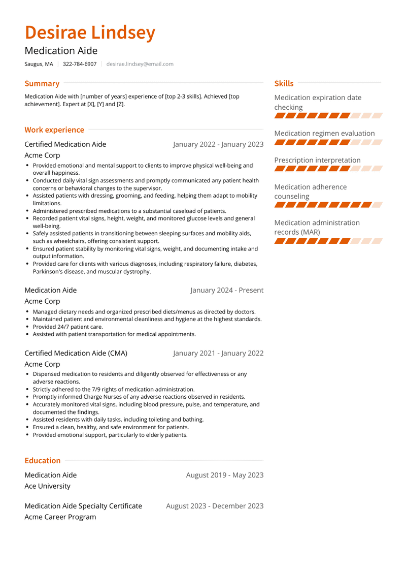Medication Aide Resume Sample and Template