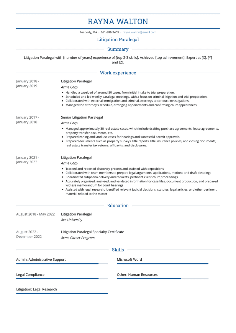 Litigation Paralegal Resume Sample and Template