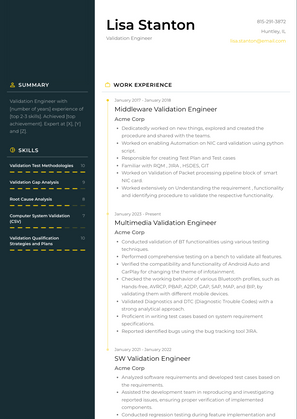 Validation Engineer Resume Sample and Template