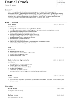 Crew Trainer Resume Sample and Template