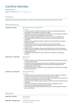 Media Planner Resume Sample and Template