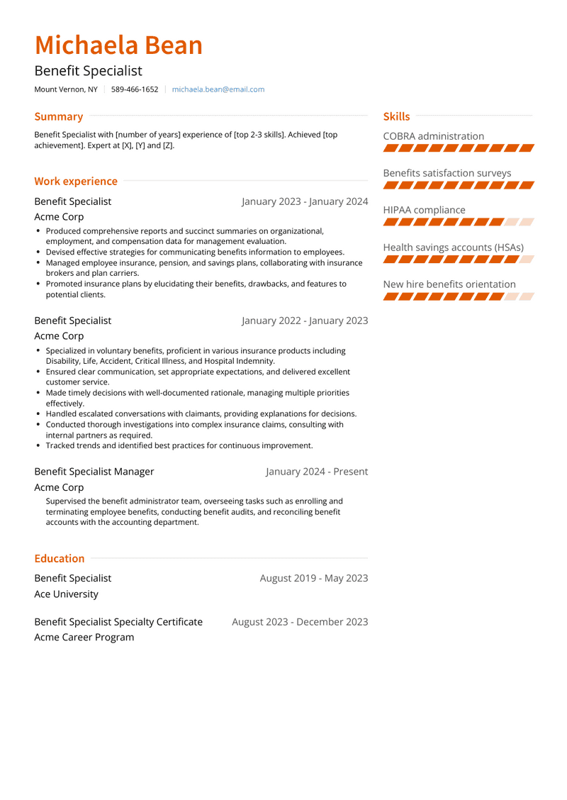 Benefit Specialist Resume Sample and Template