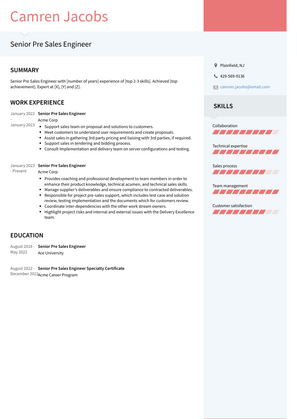 Senior Pre Sales Engineer Resume Sample and Template