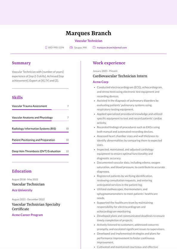 Vascular Technician Resume Examples and Templates Vascular Technician Resume Examples and Templates
