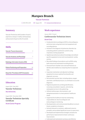 Vascular Technician Resume Sample and Template