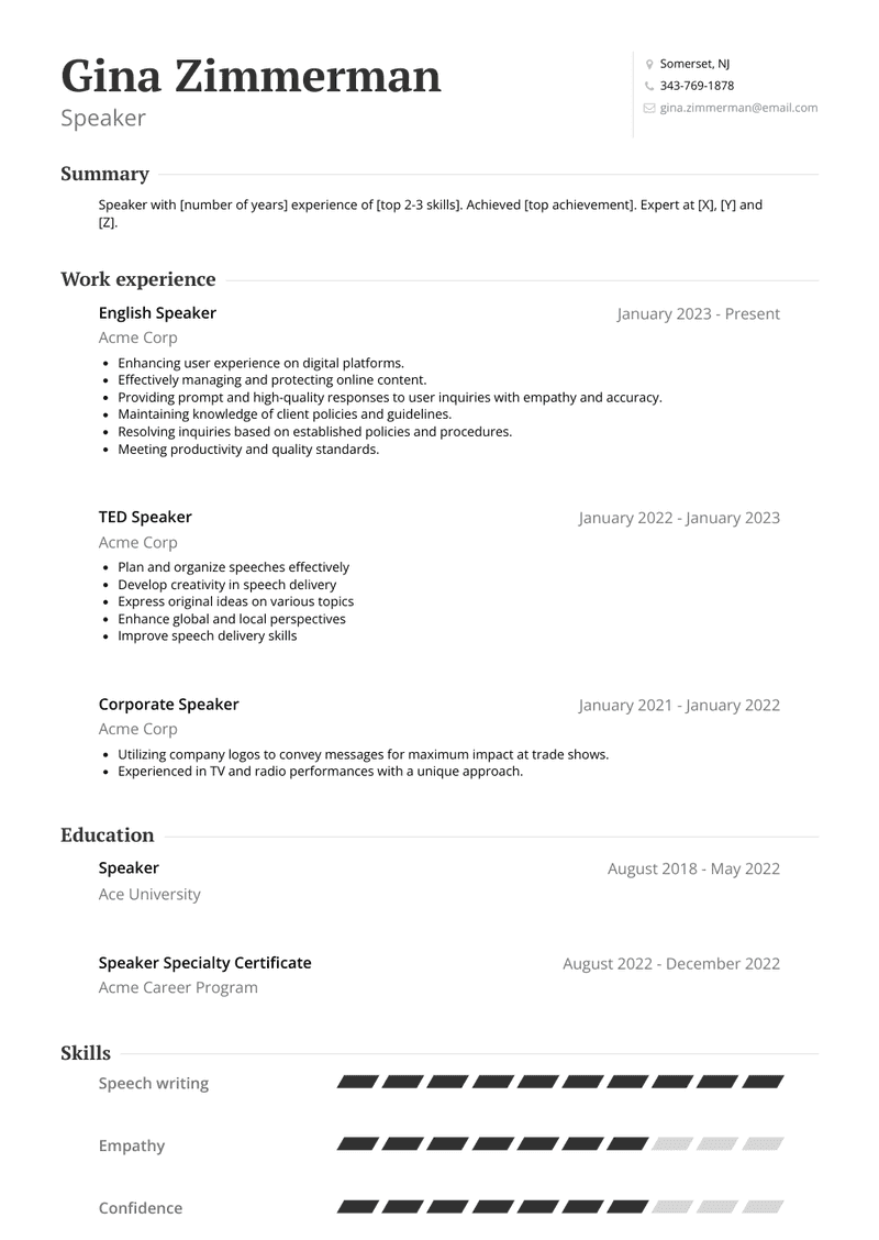 Speaker Resume Sample and Template