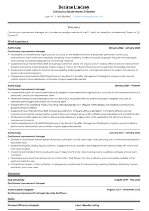 Continuous Improvement Manager Resume Sample and Template