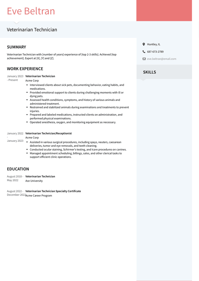 Veterinarian Technician Resume Sample and Template