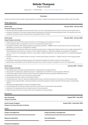 Projects Controller Resume Sample and Template