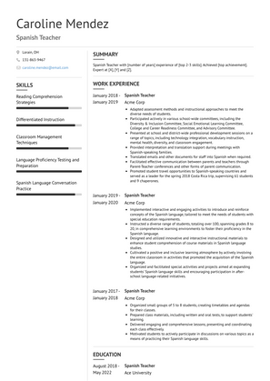 Spanish Teacher Resume Sample and Template