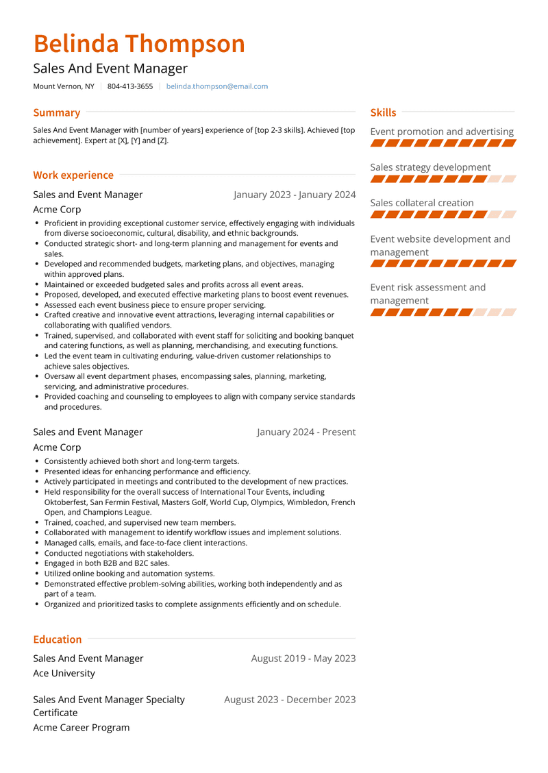 Sales And Event Manager Resume Sample and Template