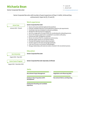 Senior Corporate Recruiter Resume Sample and Template