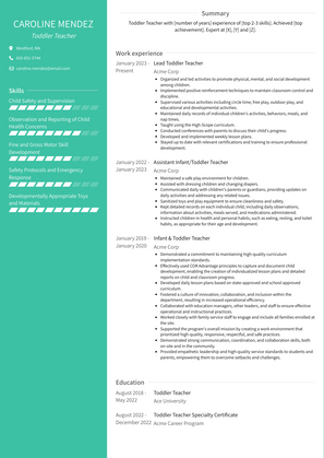 Toddler Teacher Resume Sample and Template