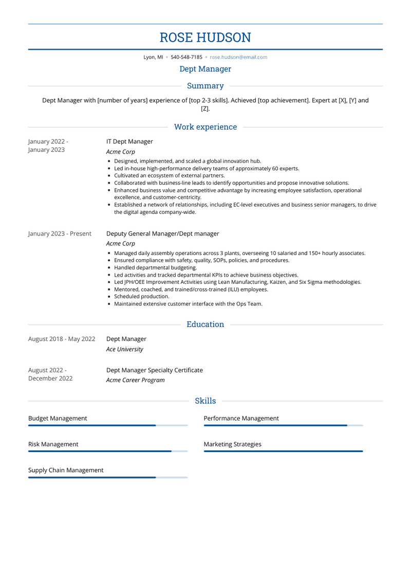 Dept Manager Resume Sample and Template