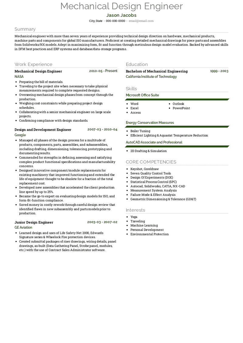 experience resume format for mechanical design engineer