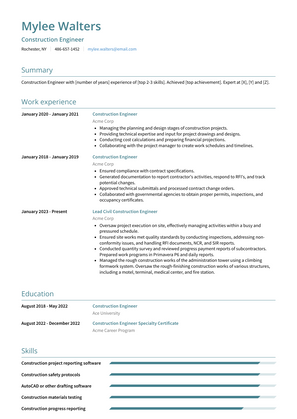 Construction Engineer Resume Sample and Template