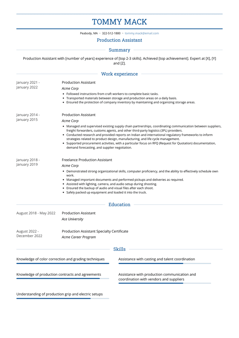 Production Assistant Resume Sample and Template