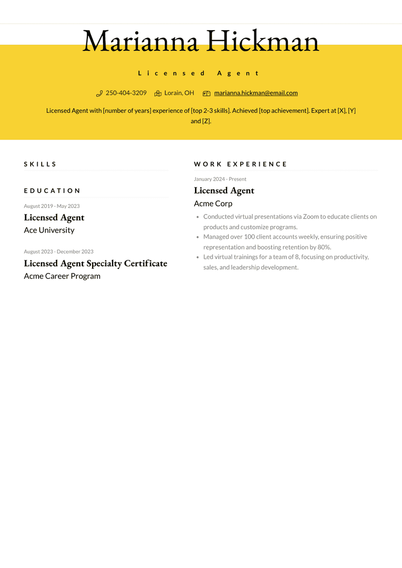 Licensed Agent Resume Sample and Template