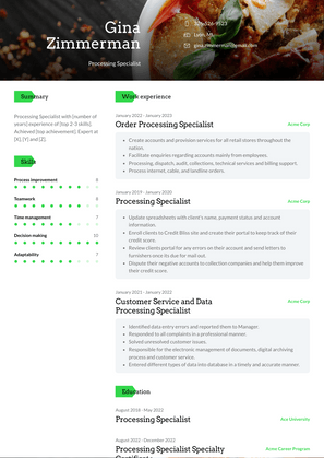 Processing Specialist Resume Sample and Template