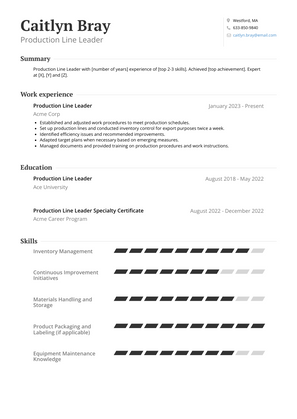 Production Line Leader Resume Sample and Template