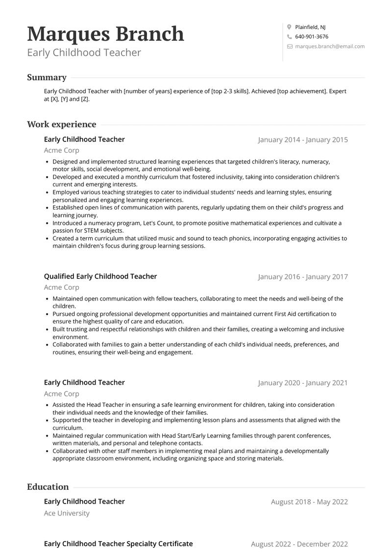 Early Childhood Teacher Resume Sample and Template