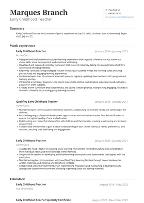 Early Childhood Teacher Resume Sample and Template