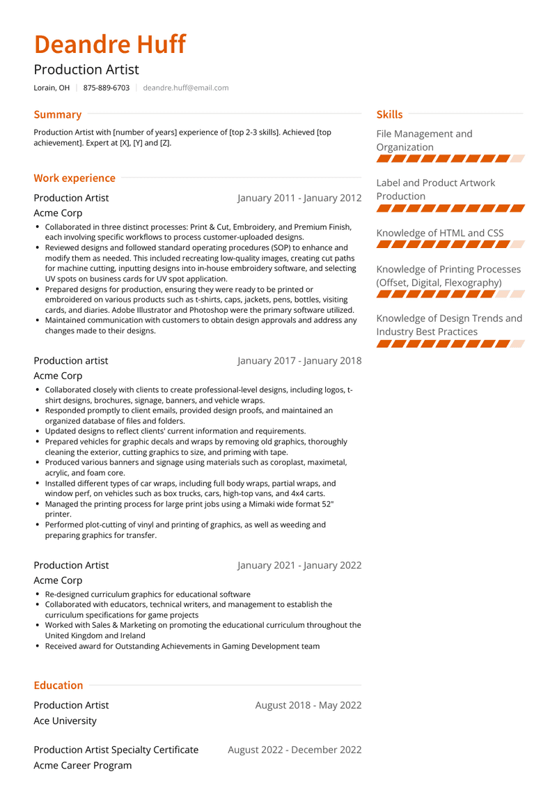 Production Artist Resume Sample and Template