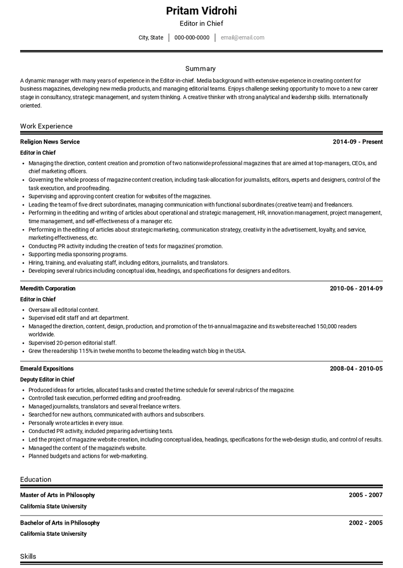 Editor in Chief Resume Sample and Template