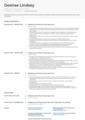 Shipping And Receiving Supervisor Resume Sample and Template