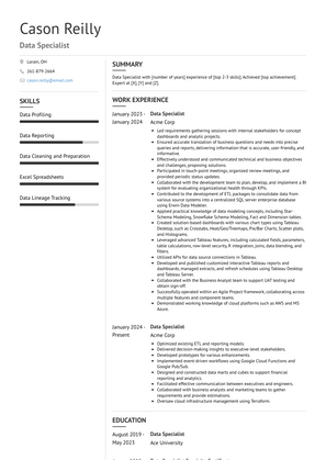 Data Specialist Resume Sample and Template