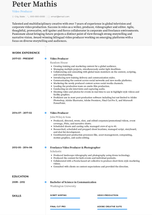 Freelance Photographer/Videographer Resume Sample and Template