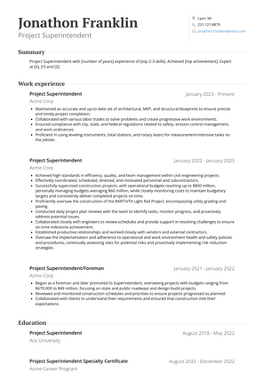 Project Superintendent Resume Sample and Template