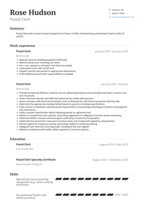 Postal Clerk Resume Sample and Template