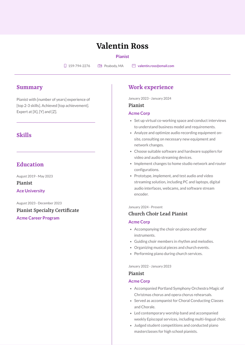 Pianist Resume Sample and Template
