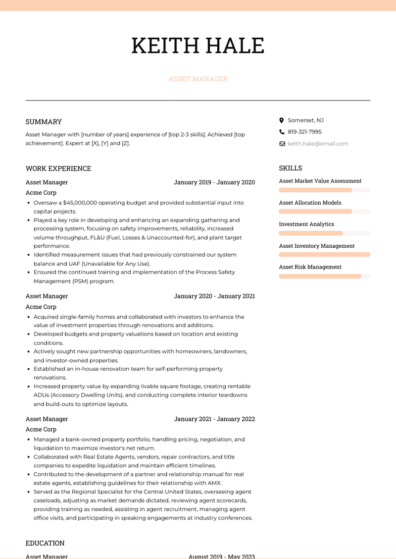Asset Manager Resume Sample and Template