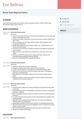 Route Sales Representative Resume Sample and Template