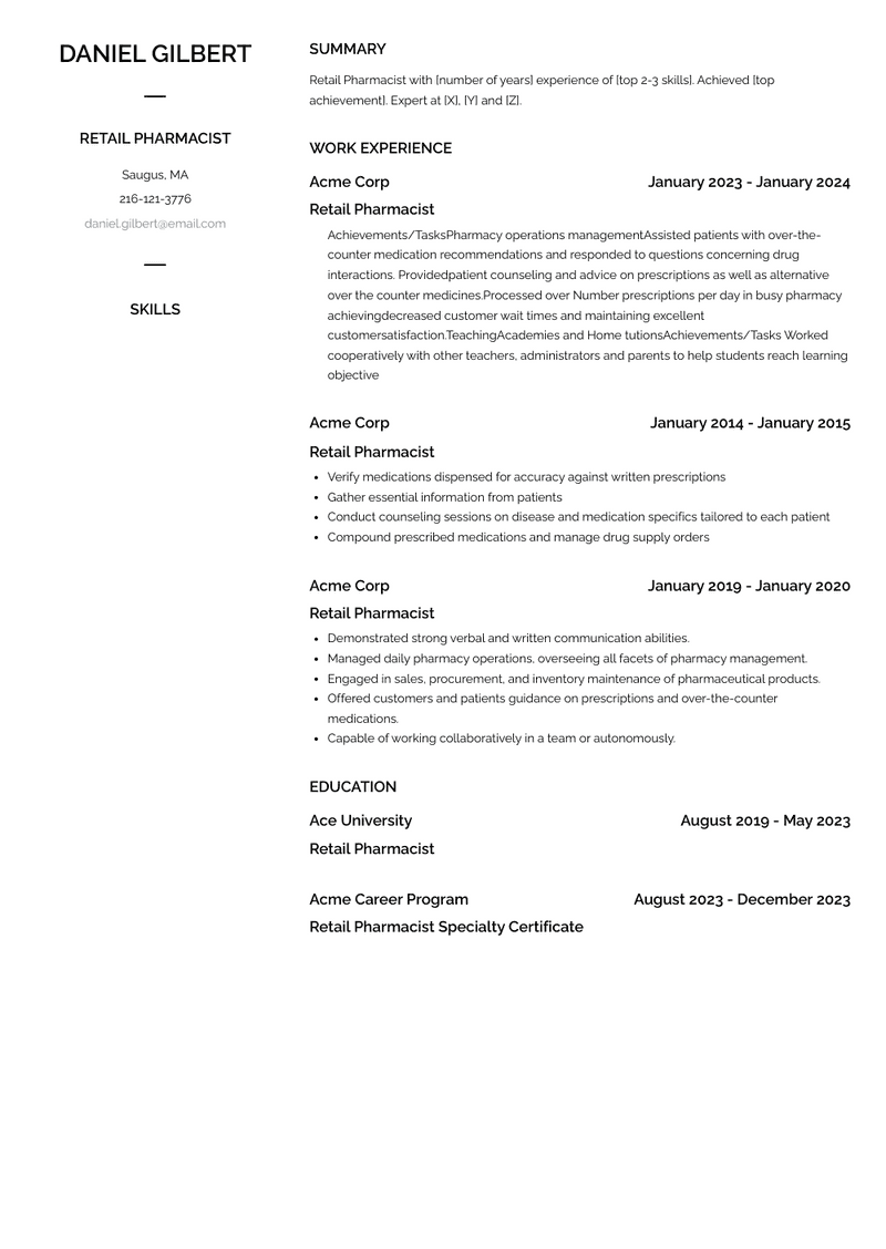 Retail Pharmacist Resume Sample and Template