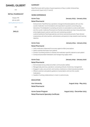 Retail Pharmacist Resume Sample and Template