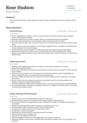 Nurse Extern Resume Sample and Template