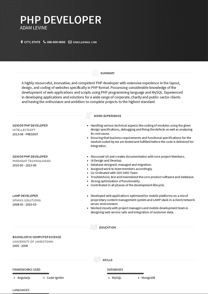 resume example for a php developer