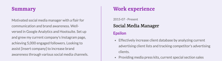 Resume summary examples social media manager