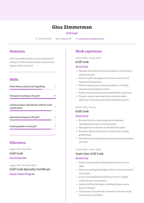 Grill Cook Resume Sample and Template