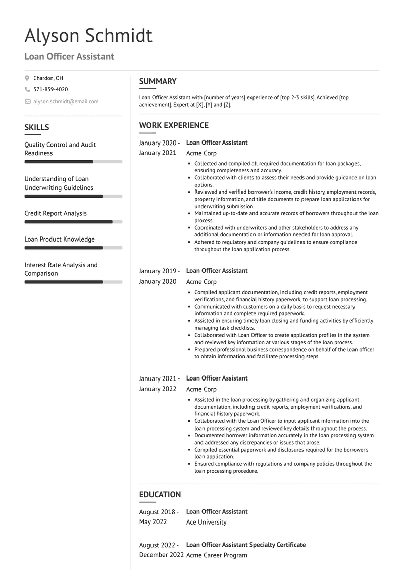 Loan Officer Assistant Resume Sample and Template