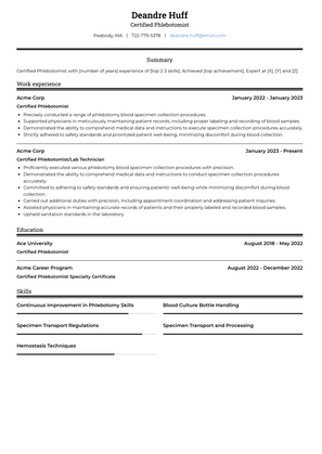 Certified Phlebotomist Resume Sample and Template